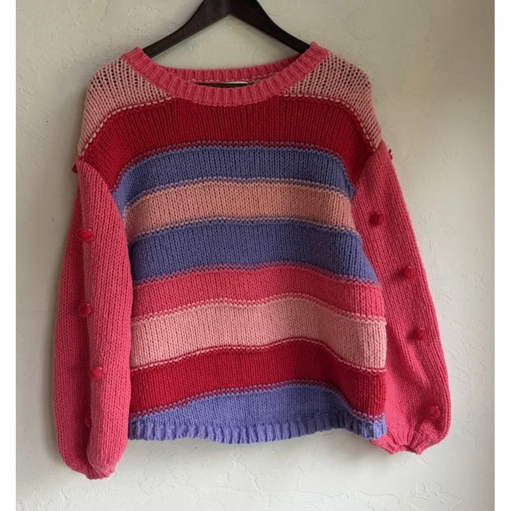 Umgee Chunky Striped Oversized Sweater M Pom Pom Balloon Kidcore Retro Pullover